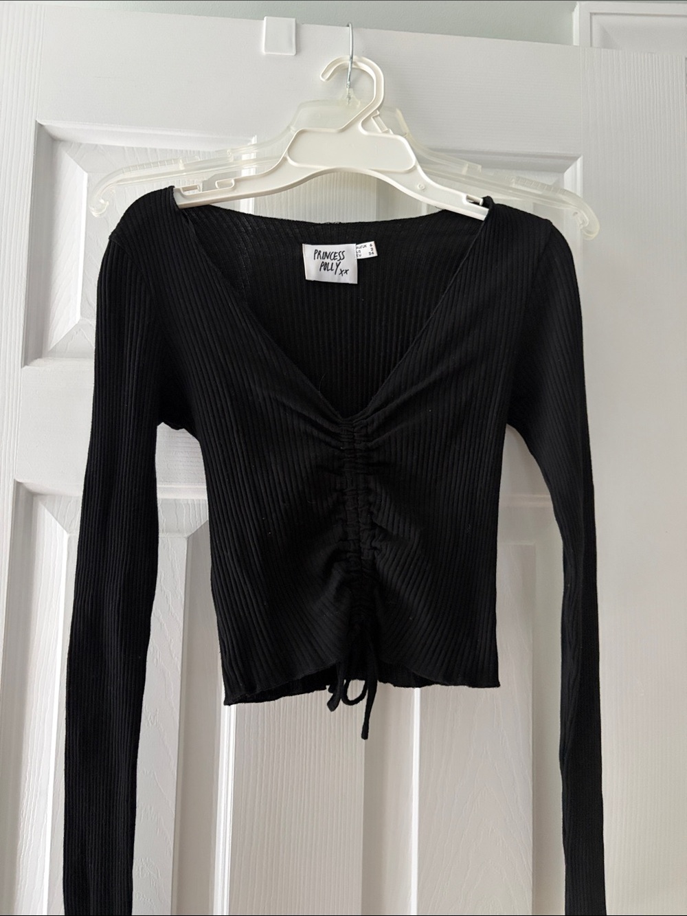 Princess Polly Black Ribbed V-Neck Ruched Drawstring Long Sleeve Crop Top